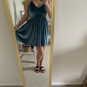 Blue velvet mini dress.